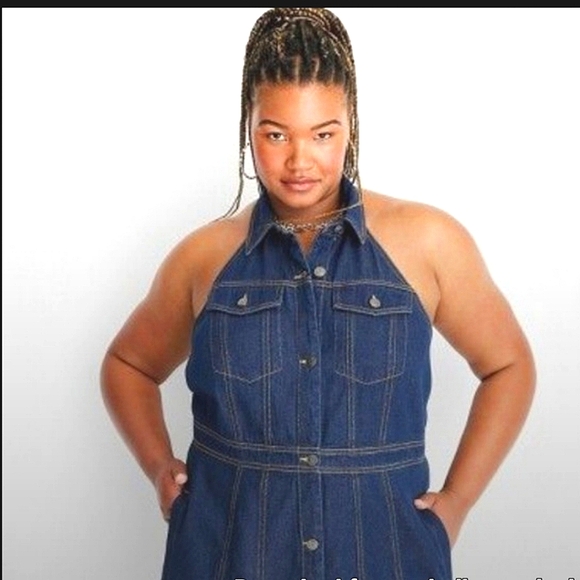Denim Halter Collar Backless Dress Sz 18 Future Collective - Picture 3 of 8